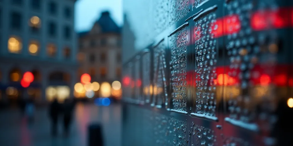 a close up of a glass sign with a building in the background and a building in the background with a