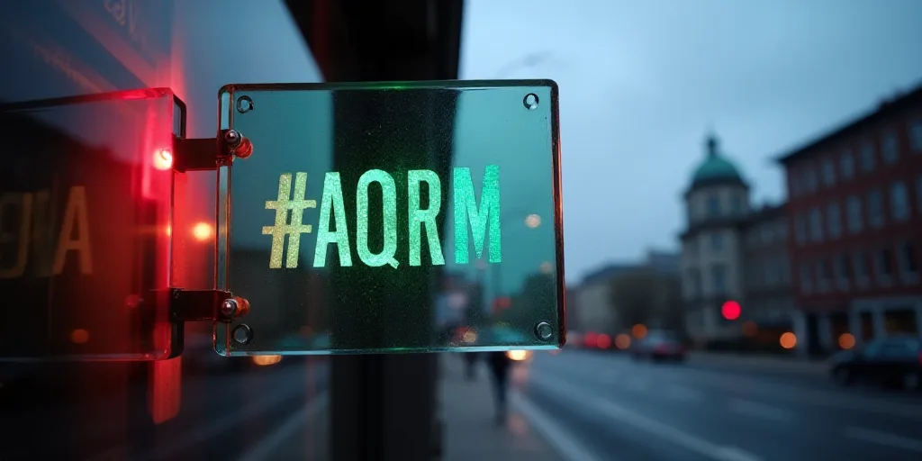 a close up of a glass sign with a building in the background and a building in the background with a