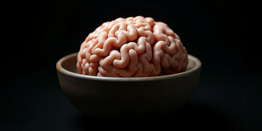 a close up of a human brain in a bowl on a black background with the words, brain, and the image of