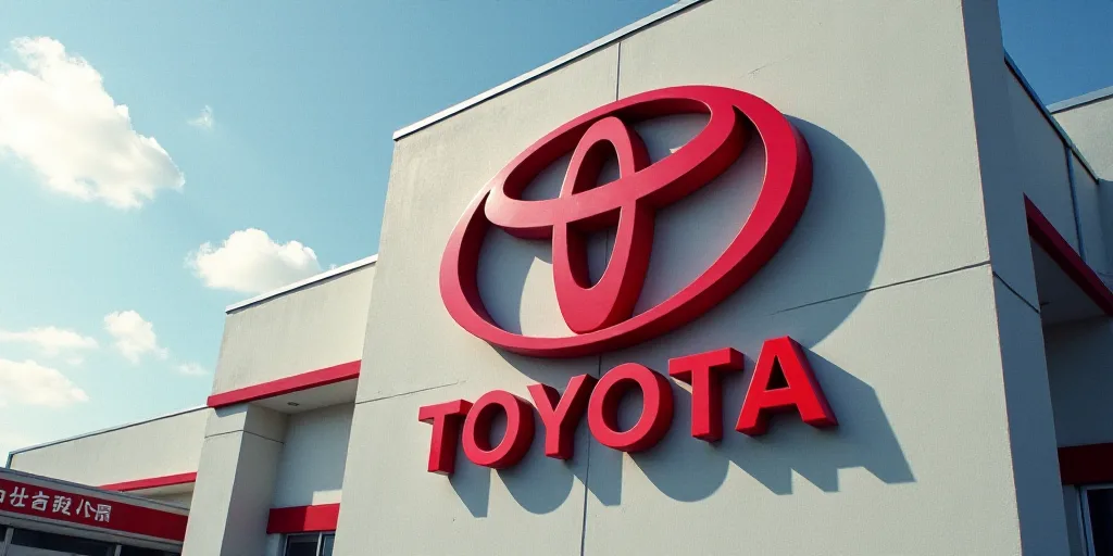 a close up of a logo on a building with a wall in the background and a sign that says,'toyota ', Eiz