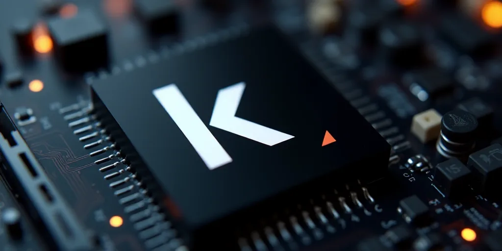 a close up of a logo on a computer motherboard with a black background and white letters that read k