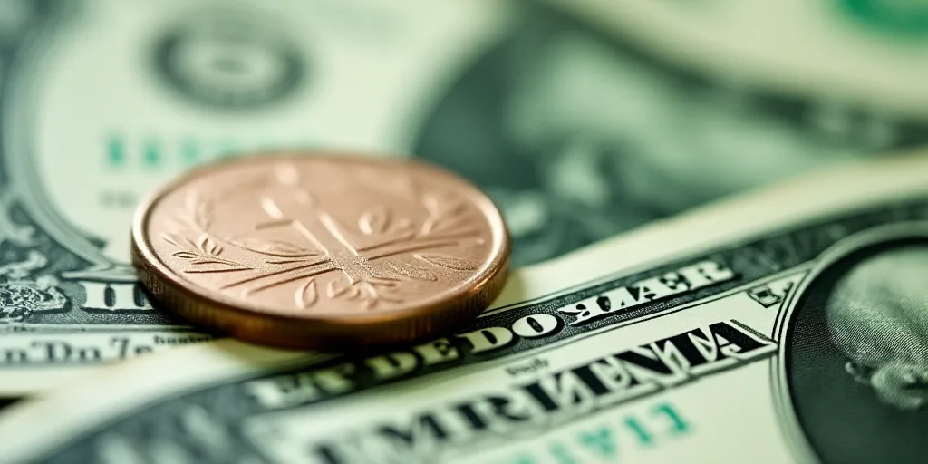 a close up of a one dollar bill with a coin on top of it and a green and white one dollar bill, Aqui