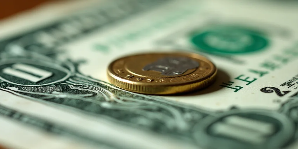 a close up of a one dollar bill with a coin on top of it and a green and white one dollar bill, Aqui