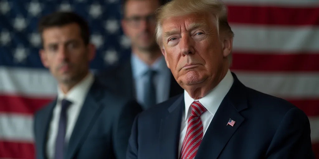 a close up of a person wearing a suit and tie with an american flag in the background and a person i