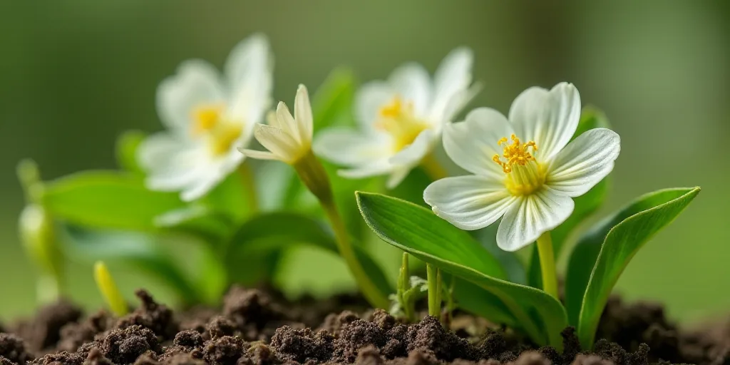 a close up of a plant with white flowers and green leaves in the background, with dirt and grass in