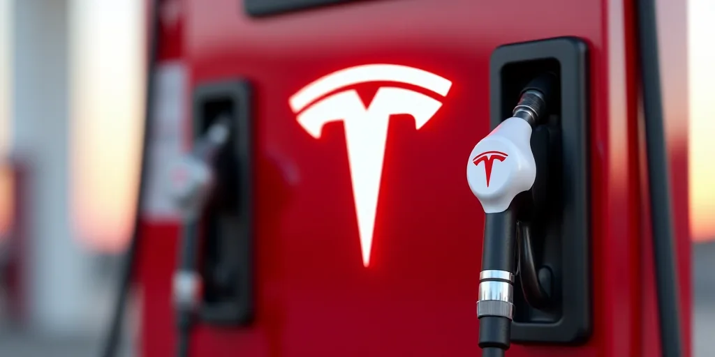 a close up of a red and white gas pump with a tesla logo on it's side and a red and white sign, Éva