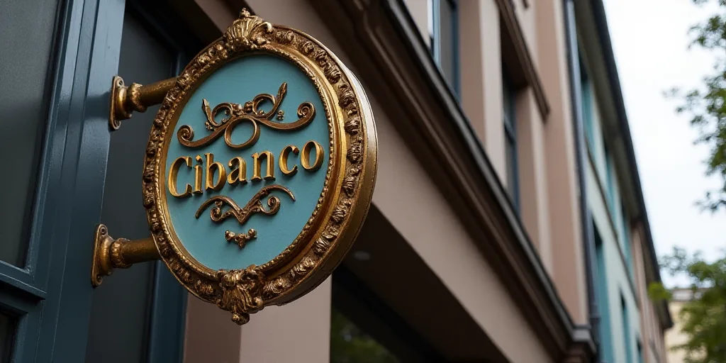 a close up of a sign on a building with a logo on it that says cibanco on it, Cui Bai, cgi, a flemis