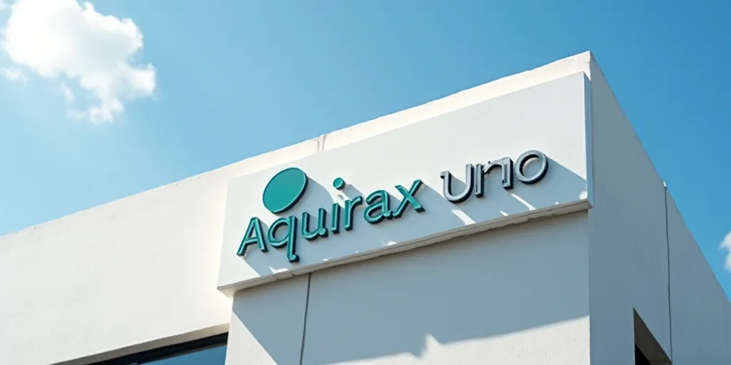 a close up of a sign with a logo on it's side of a building with a sky background, Aquirax Uno, logo