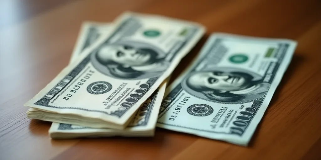 a close up of two different bills on a table with a wooden surface in the background, one of which i