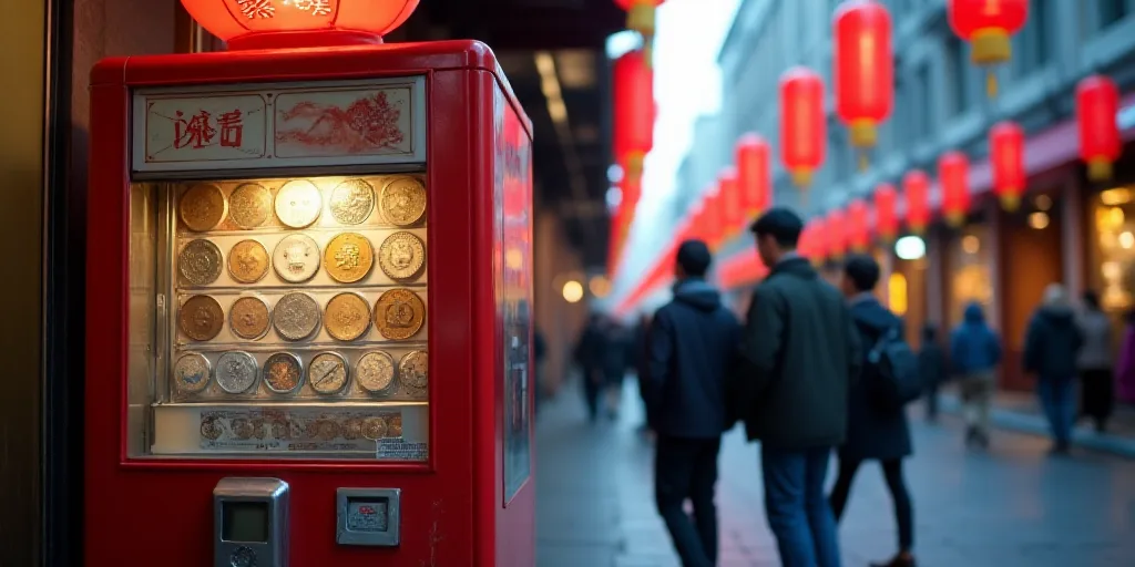 a coin machine is on the side of the street with people walking by it and balloons hanging from the