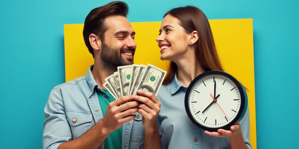 a collage of a man and woman with money and a clock on a blue background with a yellow border, Ada G