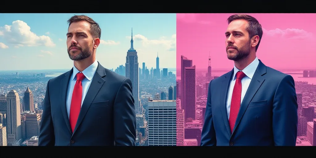 a collage of a man in a suit and tie with a city in the background and a pink and blue photo of a ma