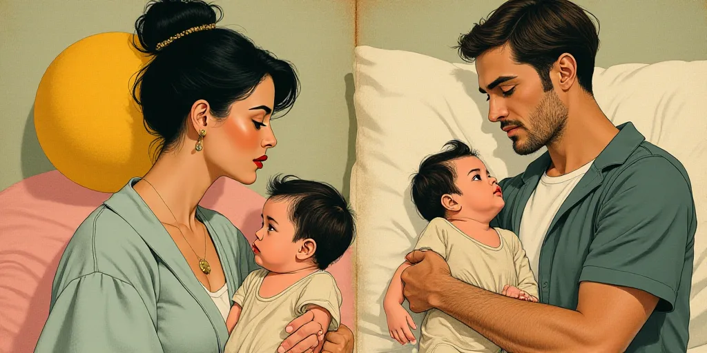 a collage of a woman holding a baby and a man holding a baby in a bed with a yellow ball, Clarice Be