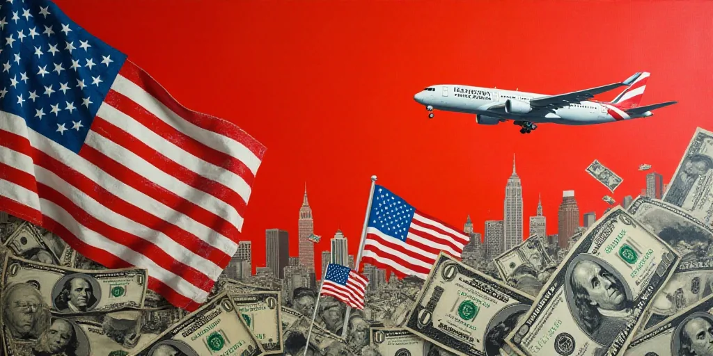 a collage of american flags, money, and a plane flying over a city with a red background, Eddie Mend