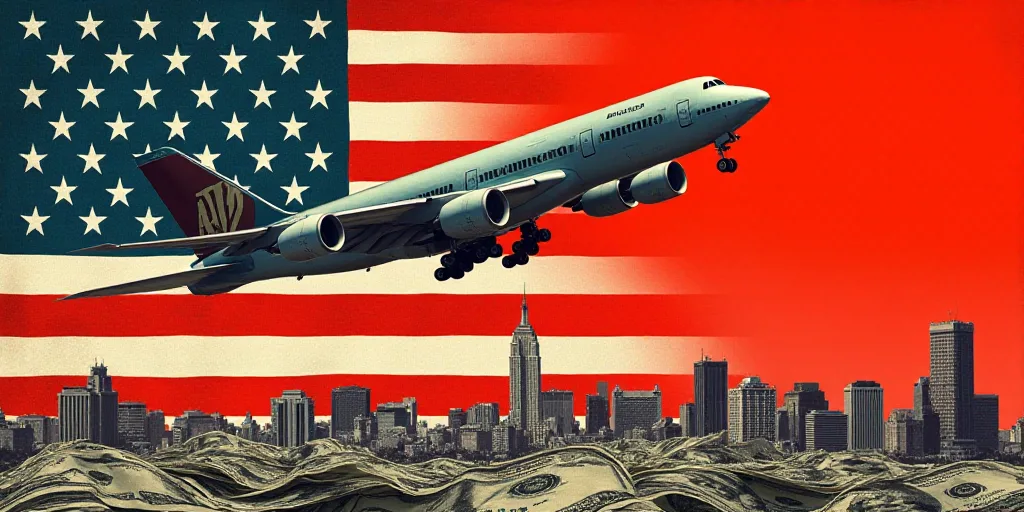 a collage of american flags, money, and a plane flying over a city with a red background, Eddie Mend