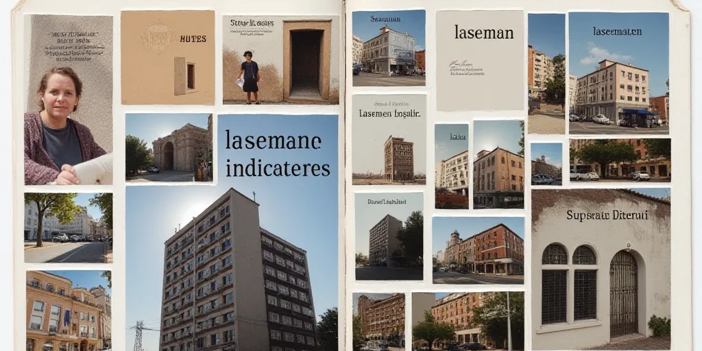 a collage of images with the words laseman en indicateres on them and a picture of a building, Diego