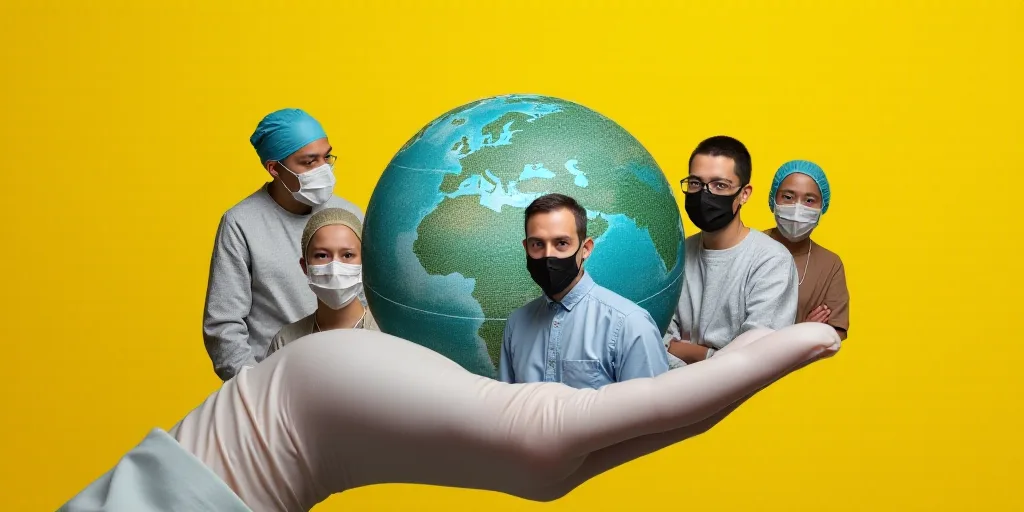 a collage of people in medical suits and masks and a globe in a hand with a yellow background, Adria