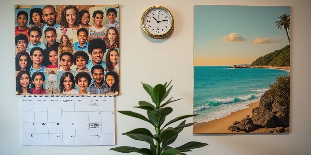 a collage of people with a calendar and a clock on a wall and a photo of a beach, Ada Gladys Killins