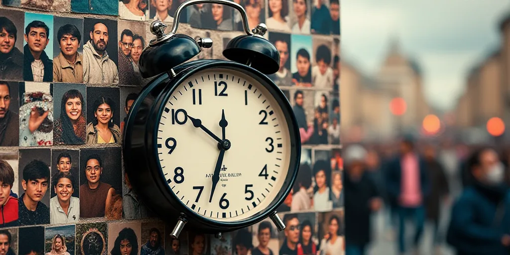 a collage of photos of people and a clock with a hour on it and a photo of a crowd of people, Aquira