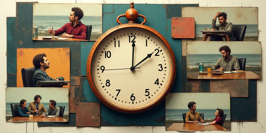 a collage of photos with a clock and people in the background and a photo of a meeting room, Aquirax