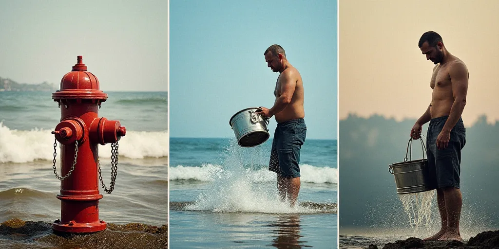 a collage of photos with a man and a fire hydrant and a man with a bucket of water, Constant Permeke