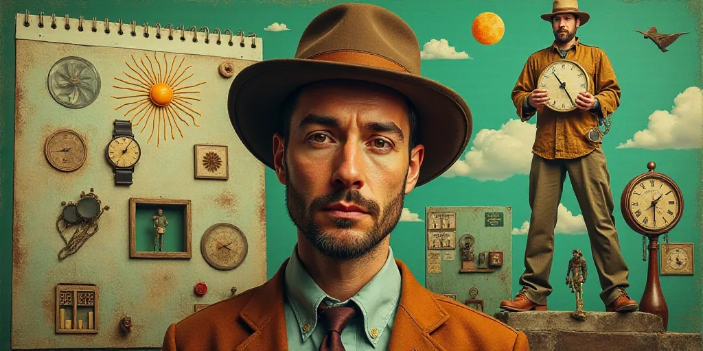 a collage of photos with a man and a clock and a calendar with a green background and a man in a hat