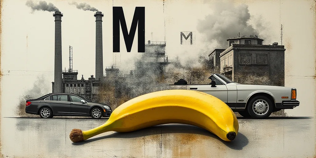 a collage of pictures of a factory and a car and a banana and a shoe on the floor, Christian Hilfgot