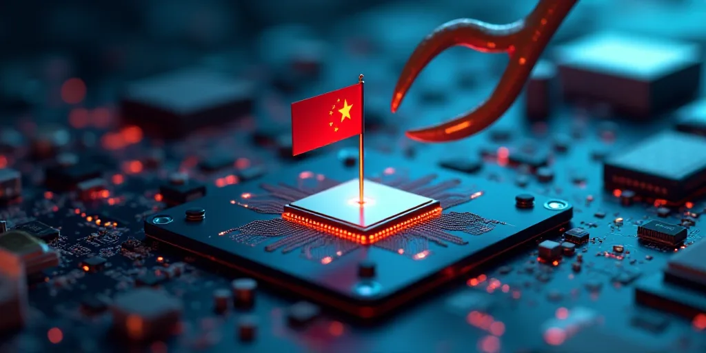 a computer chip with a flag on it being sold by a pair of scissors on top of it with a flag on the c