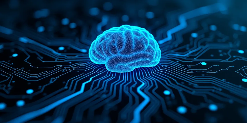 a computer circuit with a blue brain in the middle of it and a circuit in the middle of it, Ai-Mitsu