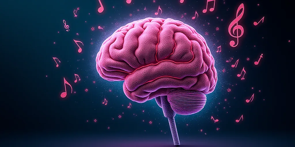 a computer generated image of a human brain with music notes around it and a treble clefs, Beeple, d