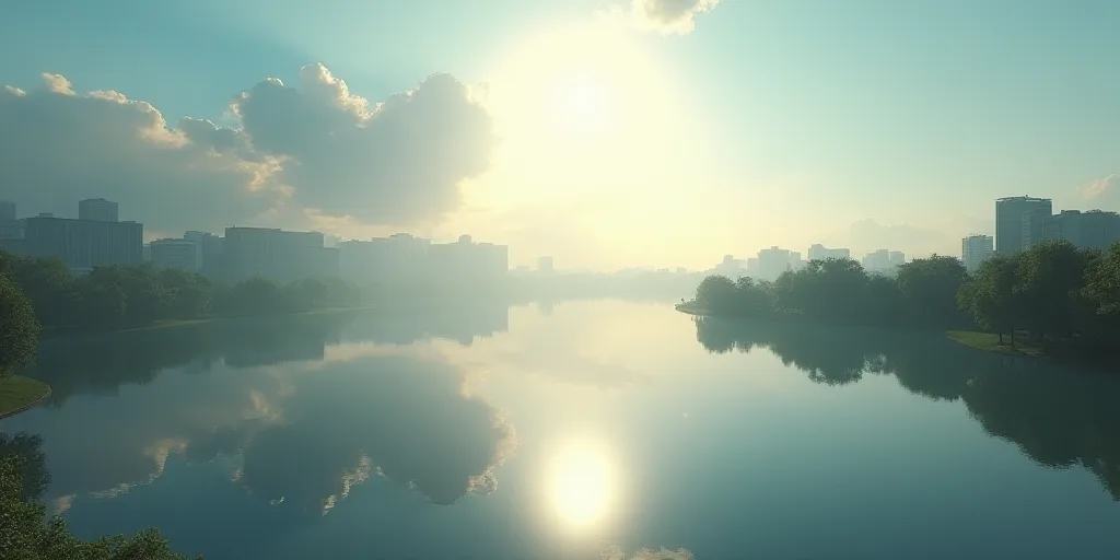 a computer generated image of a lake and a city in the background with a sky background and a sunbea