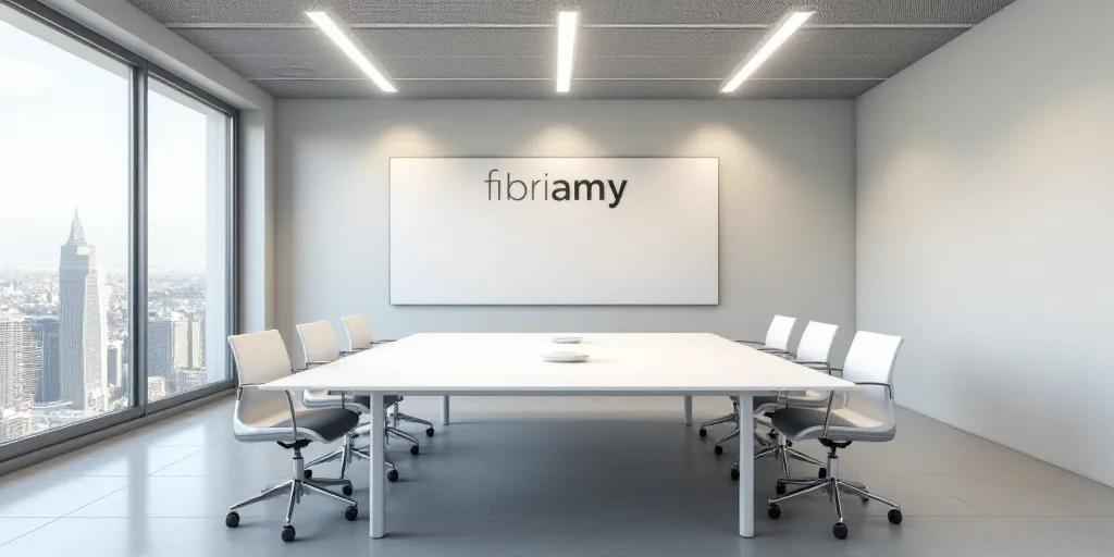 a conference room with a white table and chairs and a sign that reads fibramy on the wall, Ceferí O