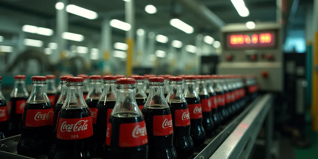a conveyor belt with a bunch of soda bottles on it and a machine in the background with a conveyor b