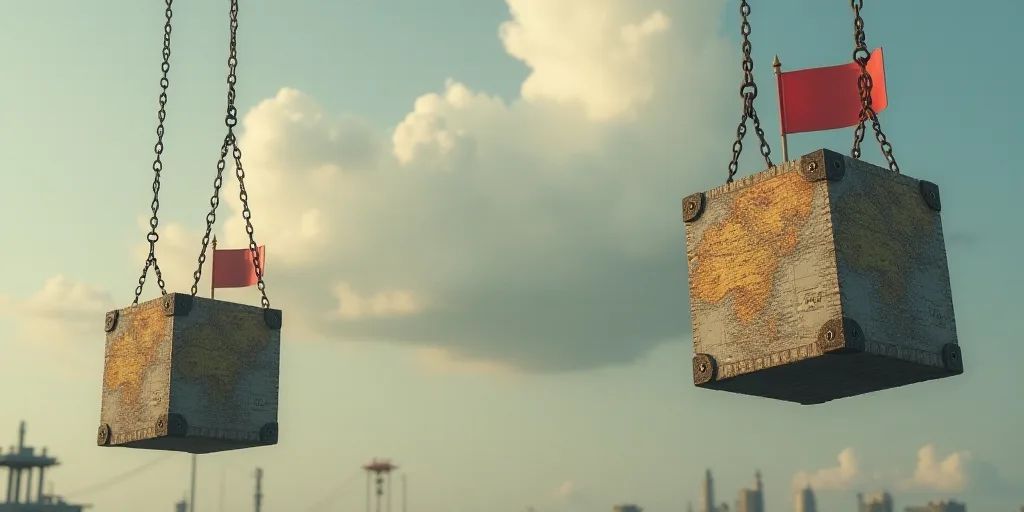 a couple of boxes are suspended by chains in the air with a map on them and a flag on the back, Andr