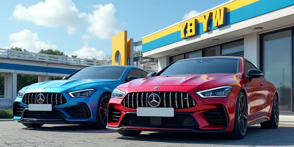 a couple of cars parked in front of a building with a sky background and a sign that says geely, Cui