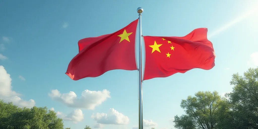 a couple of flags that are on a pole in the air with a sky background and some trees in the backgrou