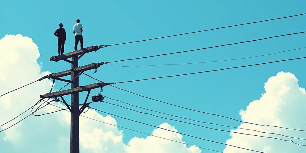 a couple of men standing on top of a power line under a blue sky with clouds in the background, Éva