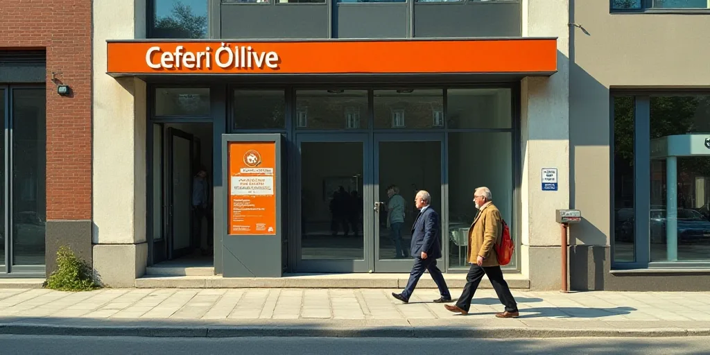 a couple of men walking down a street past a bank building with a sign on it's front, Ceferí Olivé