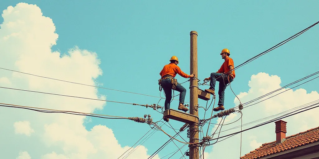 a couple of men working on a power line with wires above them and a building in the background with