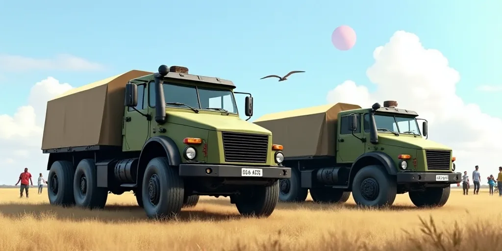 a couple of military vehicles parked next to each other on a field with a sky background and a few p