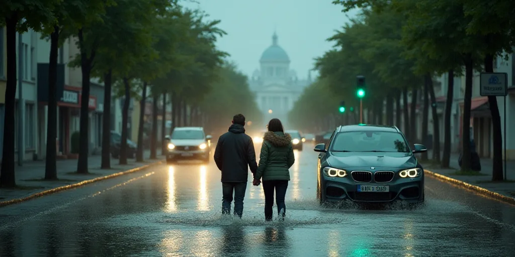 a couple of people standing in the middle of a flooded street with cars and a green traffic light ab