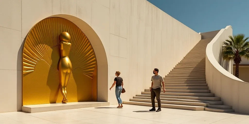 a couple of people standing next to a golden sculpture on a building wall with a staircase leading u