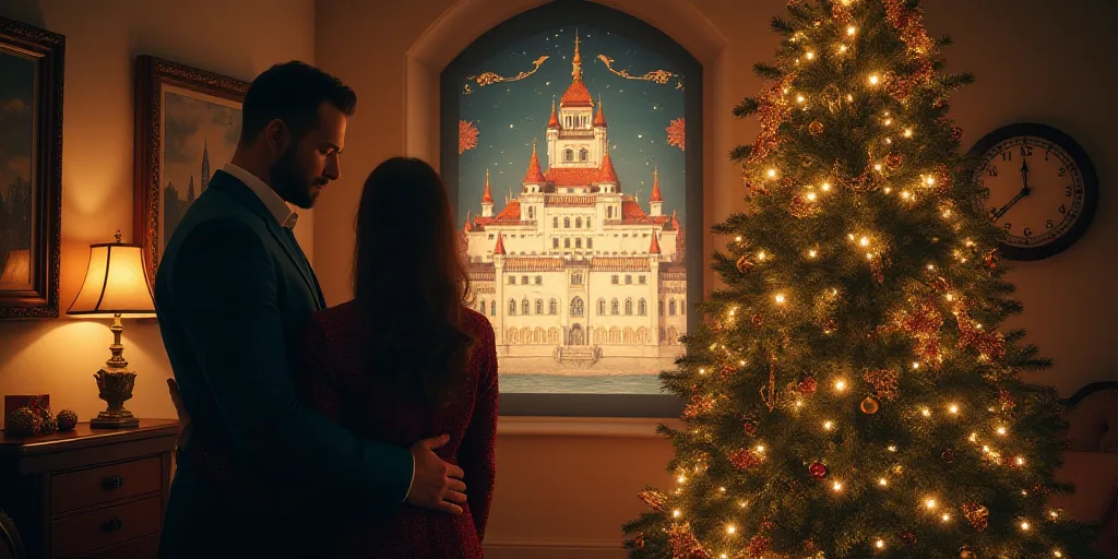 a couple of people standing next to a calendar on a christmas tree with a castle in the background a