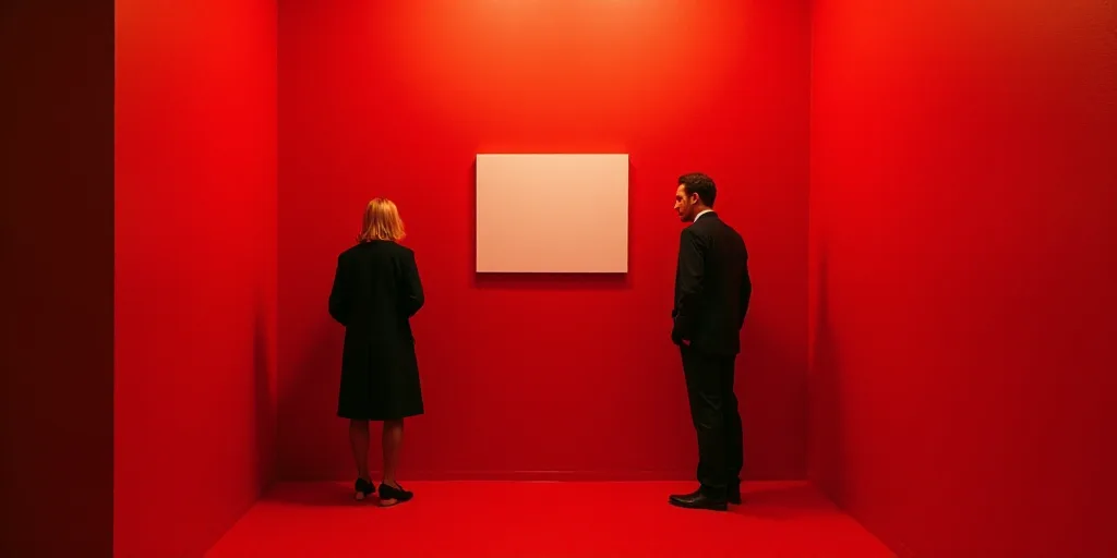 a couple of people standing next to a sign on a wall in a room with red walls and a red carpet, Cons
