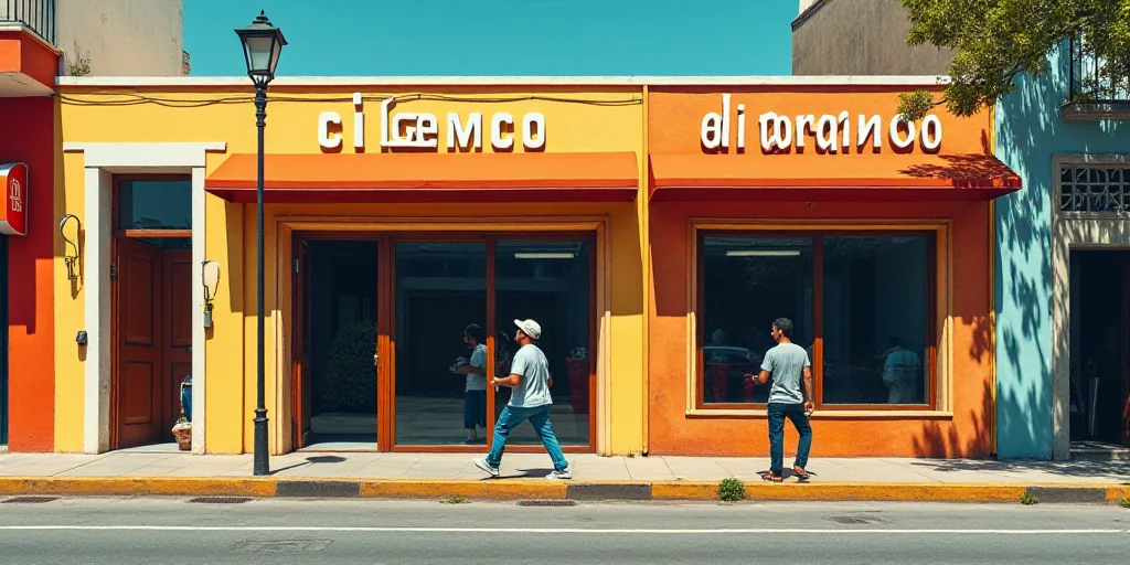 a couple of people walking down a street next to a building with a sign that says cibanco cibanco, C