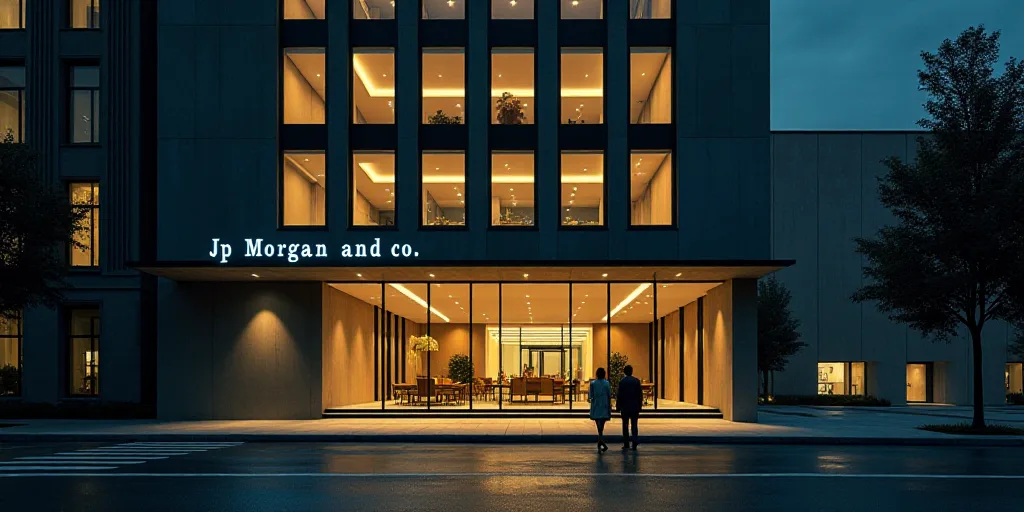 a couple of people walking in front of a building with large windows at night time, with the words j