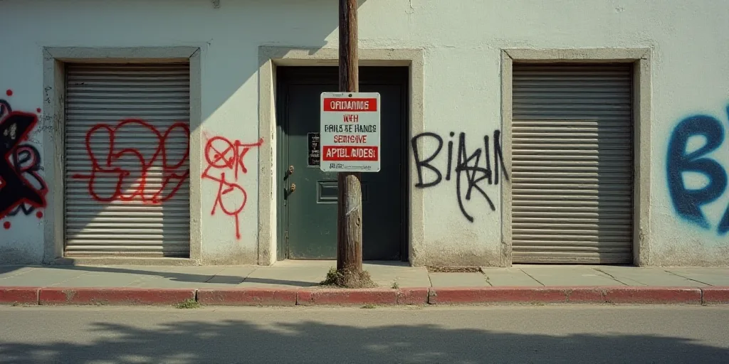 a couple of signs on a pole in front of a building with closed doors and graffiti on the side of the