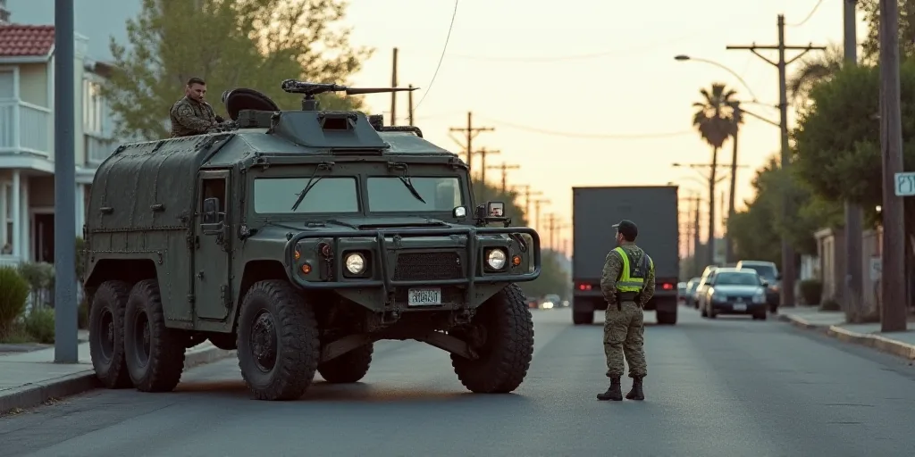 a couple of soldiers standing next to a military vehicle on a street with a man in a vest standing n