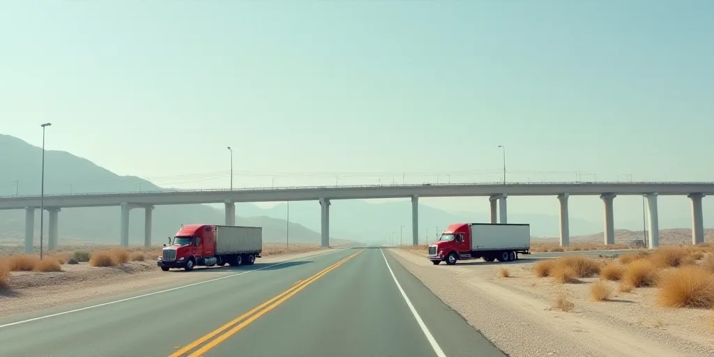 a couple of trucks are parked on the side of the road near a bridge and a highway with a bridge in t