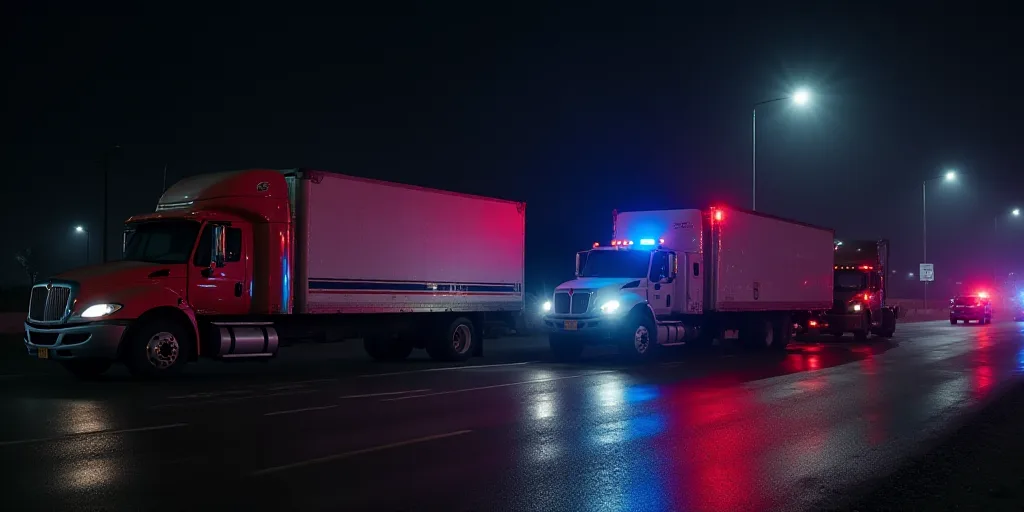 a couple of trucks parked next to each other on a street at night time with lights on and a police c